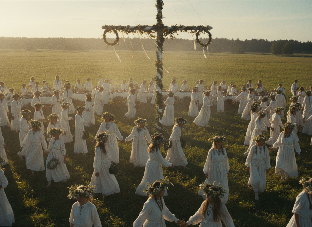A cinematic screenshot from the movie Midsommar — a bright sun-drenched Swedish midsummer festival scene with people in white flower-adorned folk costumes, a large decorated maypole in a green meadow, dramatic natural lighting, golden hour, film grain, widescreen cinematic aspect ratio, photorealistic